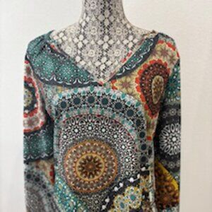 Multi-Colored Boho V-Neck Blouse, Size Small